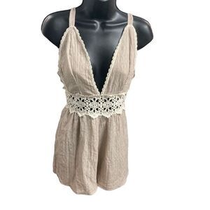 SAGE Women’s Romper Size Medium Light Tan Crochet Waistband Straps